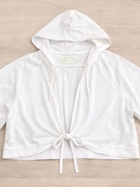 AE Sport Cropped Hoodie Jacket X White Cotton Spandex Tie Front Casual Athleisu